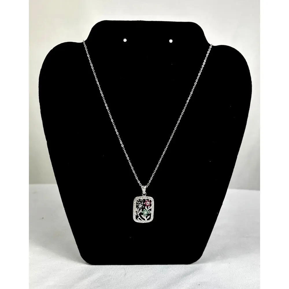 Vintage Floral Gemstone Pendant Necklace Sterling Silver Style